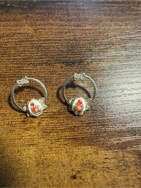 Vintage-Inspired Silver Hoop Earrings with Red Rose Cabochon